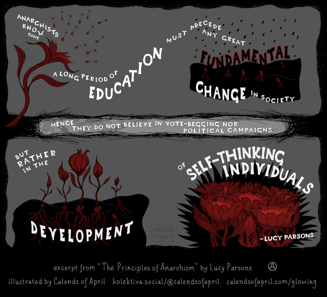 "Anarchists know that a long period of education must precede any great fundamental change in society, hence they do not believe in vote-begging, nor political campaigns, but rather in the development of self-thinking individuals." – Lucy Parsons. These words emerge from with the seeds of a flower, travel through rain as seeds begin to germinate underground, emerge with roots and flower buds, and blossom into flowers in full bloom. The illustration is captioned: Excerpt from "The Principles of Anarchism" by Lucy Parsons. Illustrated by Calends of April. kolektiva.social/@CalendOfApril. CalendsOfApril.com/glowing. The flowers and seeds are red with sketchy black outlines, the soil is black, and the background is gray. The caption includes a circle-A for anarchism.