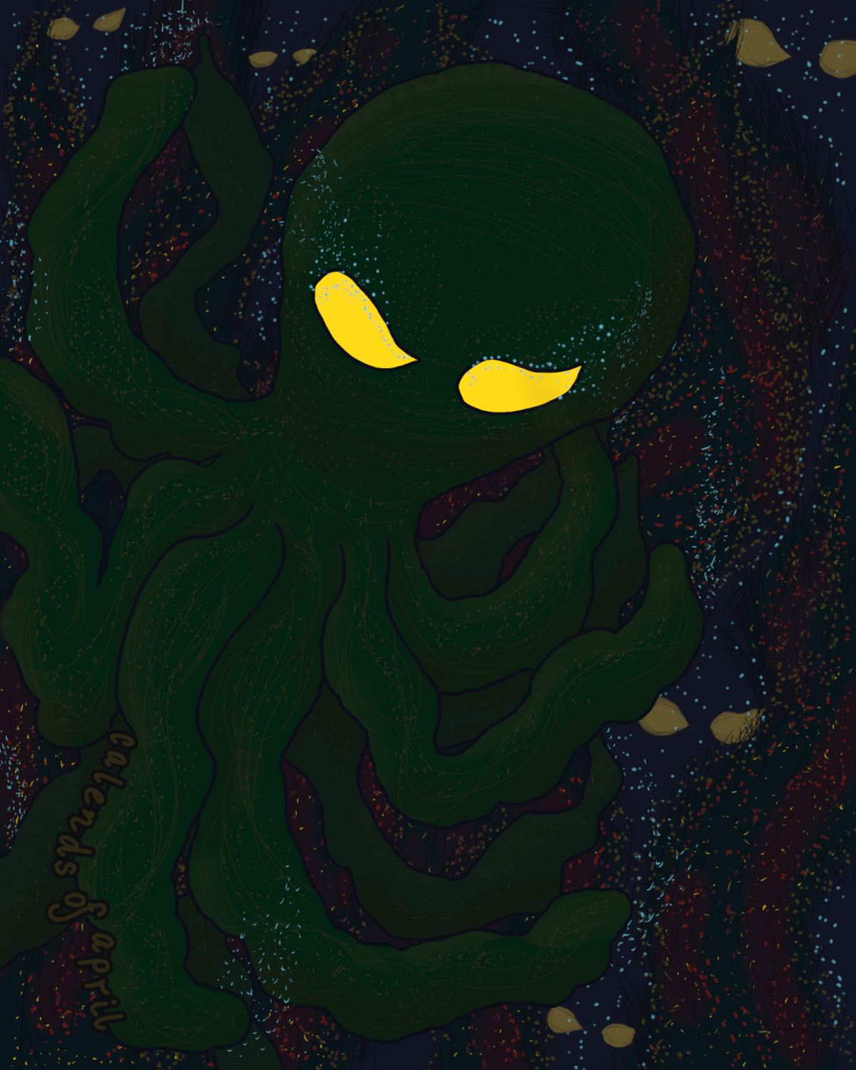 A glowering octopus monster emerges from a kelp forest made of stars and nebula-like swirls of color. Her many tentacles resemble strands of kelp, and her glowing eyes emit shining blue stars, which also spark from the ends of her tentacles. Her gaze is intense and her intentions are far from clear. And what are all those glowing eyes and blue sparks from within the depths of the kelp bed? (She's brought friends.)