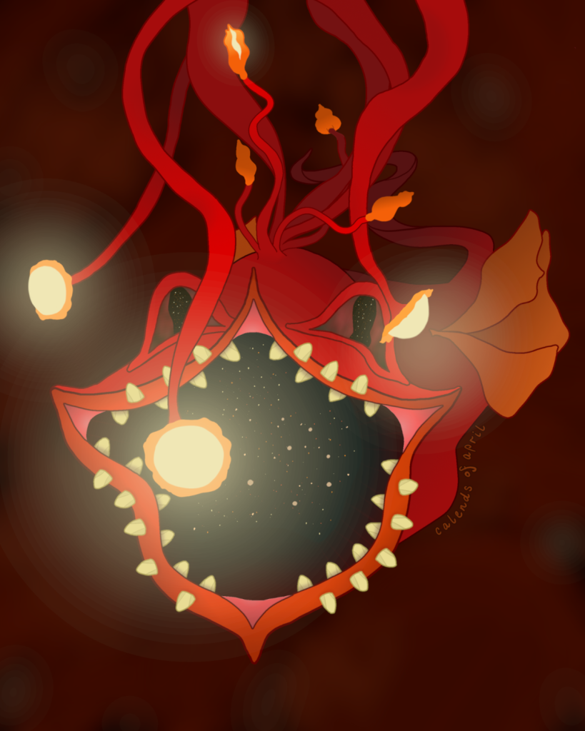 A large orange-red angler-fish creature emerges from the murky depths. Sprouting from her head are a multitude of tentacles with glowing ends. Her large mouth with many teeth is open to show a deep starry expanse within her maw.