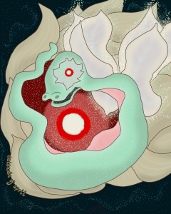 A fairy snake coils around a nova as her flowery wings flutter and her body undulates in an sinuous curve. Stars emerge from her wings and sparkle in her mouth. The large nova she is coiled around is white-hot in the center with rings of orange-red emanating from it. It is framed by pale yellow petal-like clouds. The fairy snake's body is shimmering pale green; her belly is soft pink. Her eye is a flower with a smaller nova glowing within. The background is deep blue-green speckled with waves of dots resembling stars. Whimsical and weird, and for the goblins.