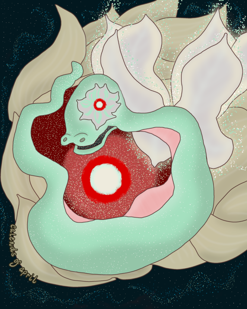 Illustration of a pastel green fairy snake coiled around a nova. Her flowery wings flutter behind her and body undulates in an sinuous curve. Stars emerge from her wings and sparkle in her mouth. The large nova she is coiled around is white-hot in the center with rings of orange-red emanating from it. It is framed by pale yellow petal-like clouds. Her eye is a flower with a smaller nova glowing within.