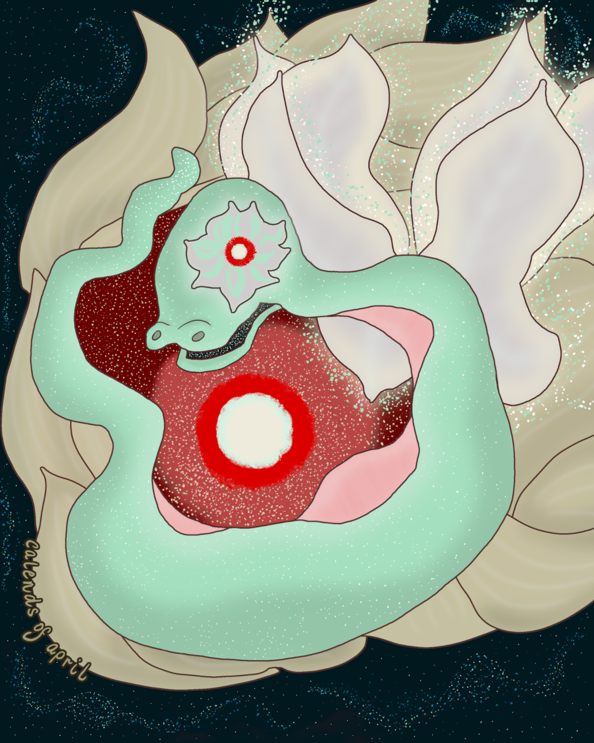 Illustration of a pastel green fairy snake coiled around a nova. Her flowery wings flutter behind her and body undulates in an sinuous curve. Stars emerge from her wings and sparkle in her mouth. The large nova she is coiled around is white-hot in the center with rings of orange-red emanating from it. It is framed by pale yellow petal-like clouds. Her eye is a flower with a smaller nova glowing within.