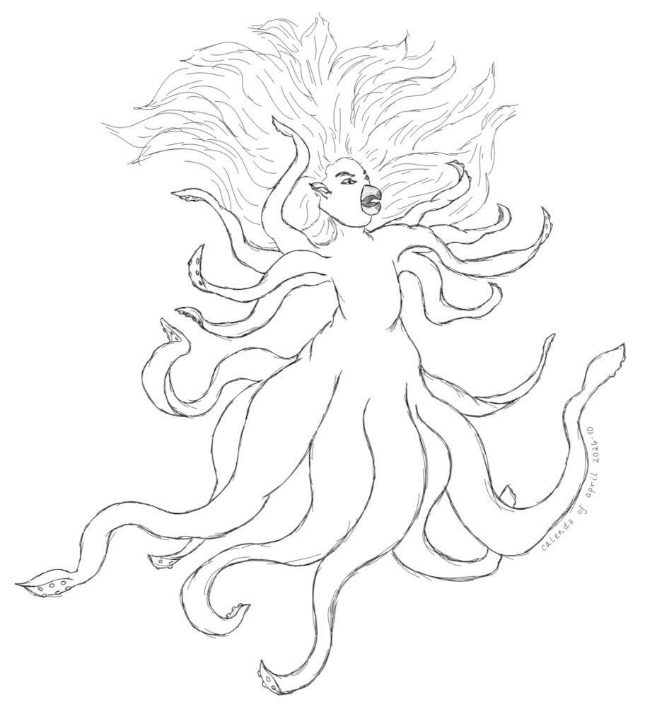 Sketch of a cephalopod mermaid in the water. Tentacles form the lower half of her body, and her arms are multiple tentacles, too. Instead of a human mouth and nose, she has the beak of a cephalopod. Her ear is pointed and curved like a shell. Her eyes and eyebrows are generally human in appearance, and her face has a fierce expression. Her hair is fanned out behind her. Where her tentacles are turned up, suckers are shown on the undersides. This is a simple sketch, with sketchy black lines on a white background.