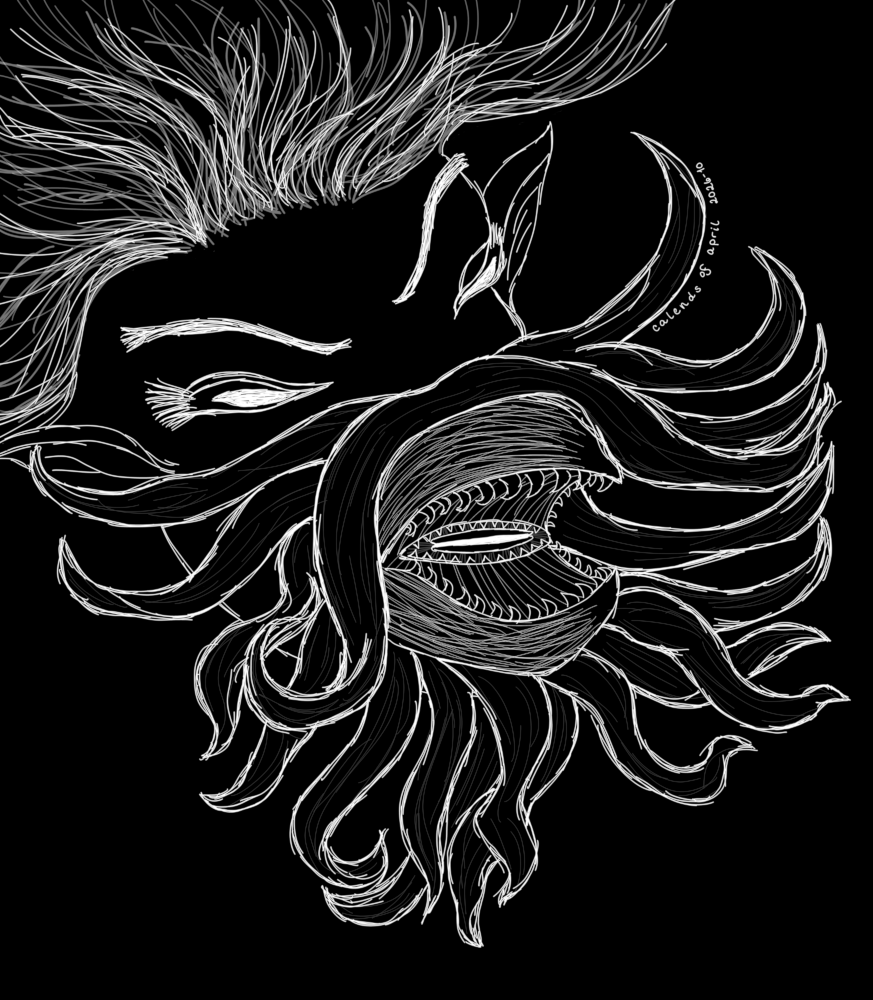 Sketch of a cthulhu mermaid. This sketch is focused on her face, which has tentacles growing from it like cthulhu. The tentacles are pulled back to reveal a cephalopod beak. This fantastical beak has sharp hooked teeth and an inner maw with a feature resembling an octopus eye surrounded by another row of sharp teeth. The figure's expression is fierce, with narrowed eyes and shell-shaped ears pointed back. This is a simple sketch, with sketchy white lines on a black background.