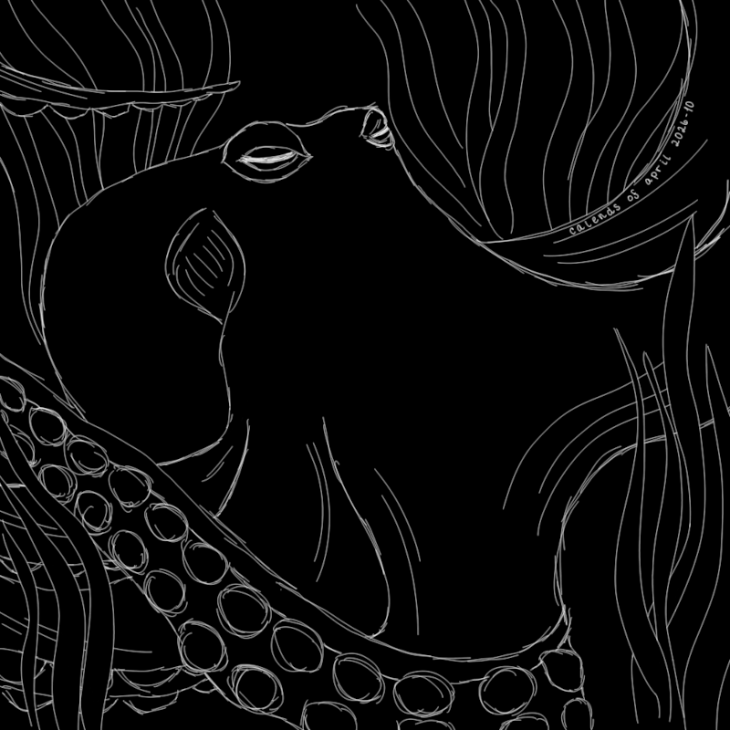Sketch of a giant Pacific octopus in a bed of kelp. One of her tentacles is turned up to show the suckers along the underside. This is a simple sketch, with sketchy white lines on a black background.