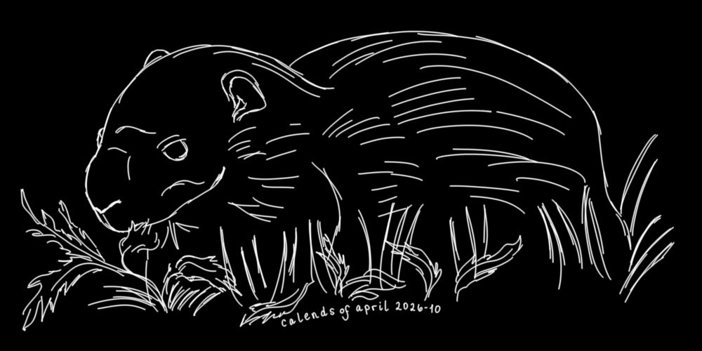 Sketch of a marmot nestled in the grass eating dandelion leaves. Marmots are large, round rodents with cute curved ears and broad snouts. Marmots have pretty brown fur, though this simple sketch is black and white, with sketchy white lines on a black background.