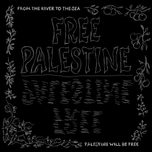 Free Palestine. From the river to the sea, Palestine will be free. These words are framed by oranges, strawberries, za'atar, and olives, and are reflected in the water. This is a WIP sketch, with sketchy white lines on a black background.