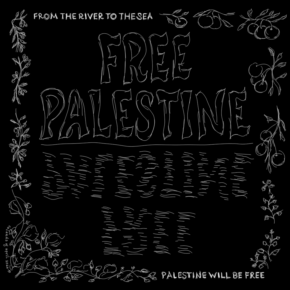 Free Palestine. From the river to the sea, Palestine will be free. These words are framed by oranges, strawberries, za'atar, and olives, and are reflected in the water. This is a WIP sketch, with sketchy white lines on a black background.